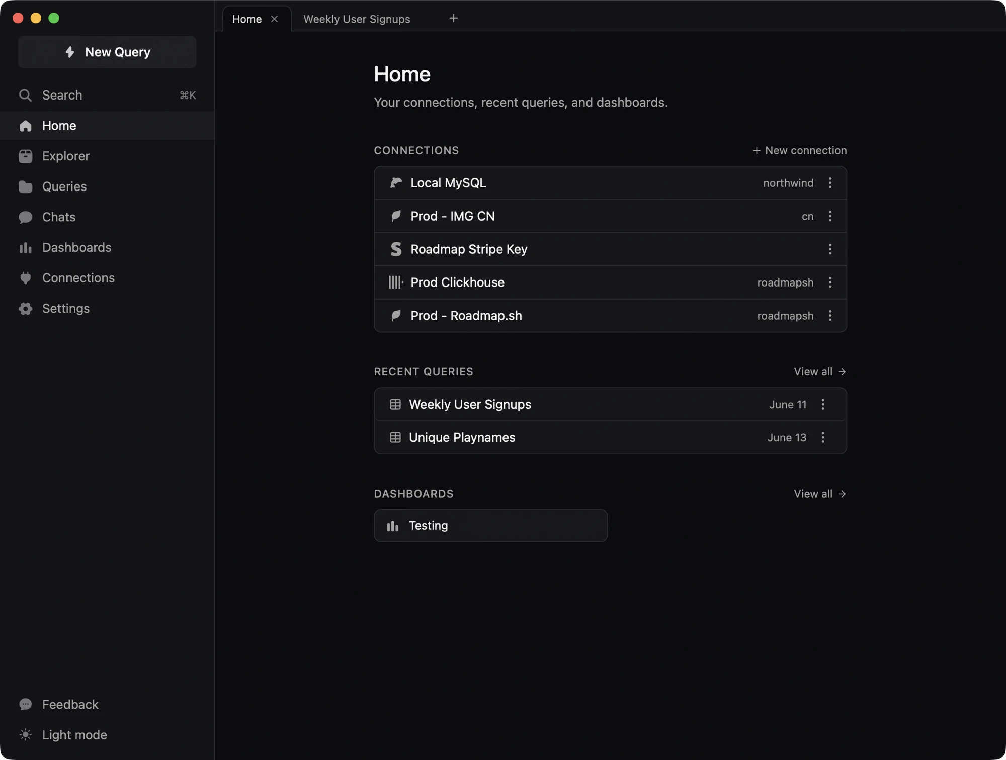 Tablething app showing connections, recent queries, and dashboards